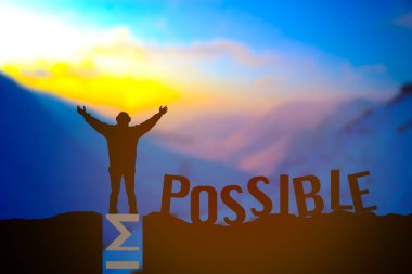 Man standing over impossible or possible over cliff on sunset background clipart