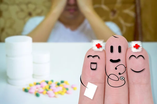 Finger art of smiling doctor & nurse with medicine and male patient. healthcare concept — Stock Photo, Image