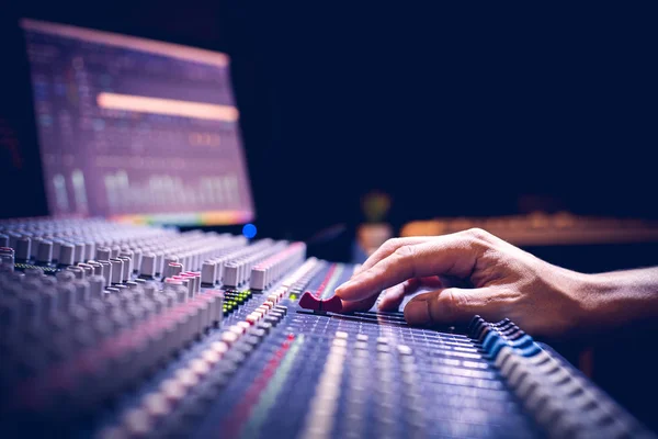 Male Producer Sound Engineer Hands Working Audio Mixing Console Broadcasting Royalty Free Stock Photos