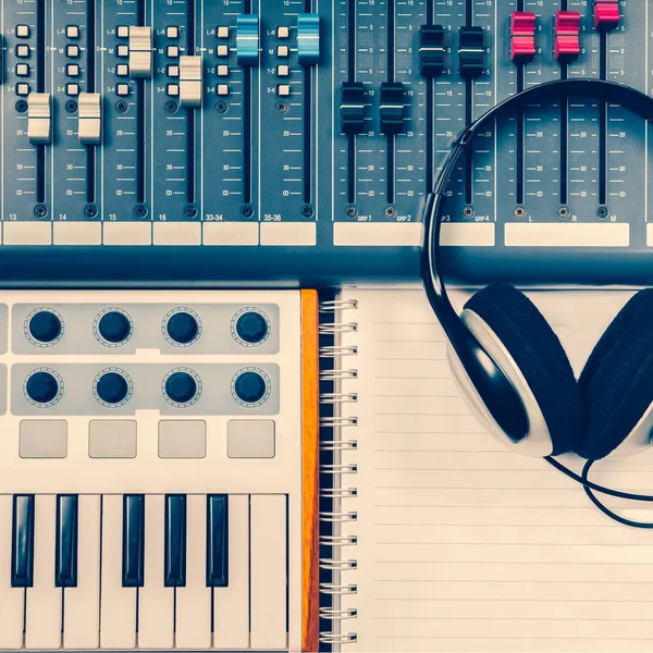 Vista Superior Mezcla Audio Masterización Grabación Producción Musical Concepto Ingeniería —  Fotos de Stock