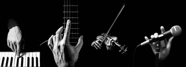 Quatro Partes Mãos Músico Tocando Instrumento Musical Fundo Música — Fotografia de Stock