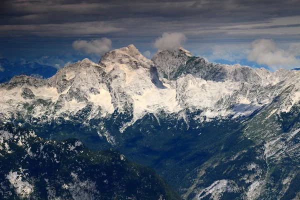 Poderosos picos de Jalovec e Mangart e florestas de pinheiros, Julian Alps — Fotografia de Stock