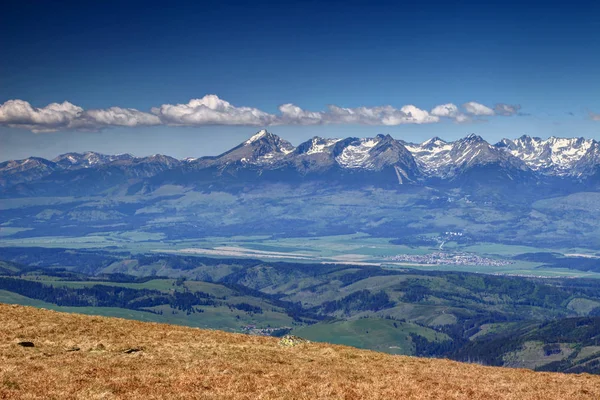 Güneşli karlı Tatra zirveleri ve bahar Slovakya yeşil ormanlar — Stok fotoğraf