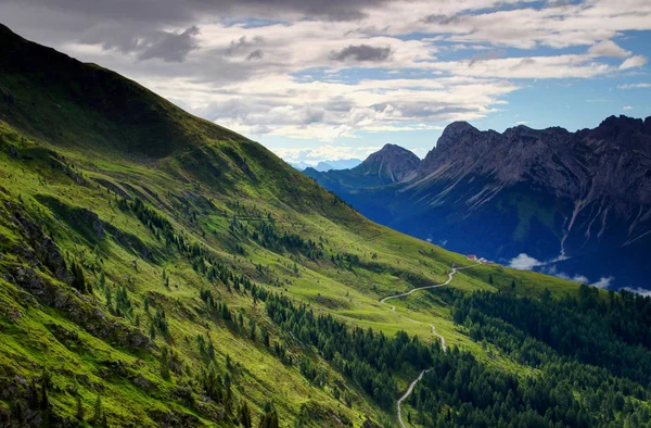 Grasbewachsene sanfte Hänge und felsige Gipfel karnische Alpen Cadore Italien — Stockfoto