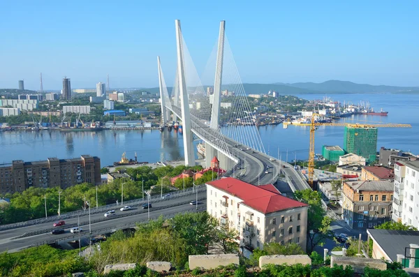 Rosja, most Golden horn bay we Władywostoku w słoneczny dzień — Zdjęcie stockowe