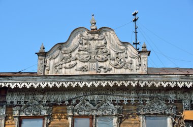 Barnaul, Rusya, Ağustos, 17, 2016. Anıt mimari - Kruger Puşkin sokak, 19 yüzyıl sonuna eczane. Dekor unsurları