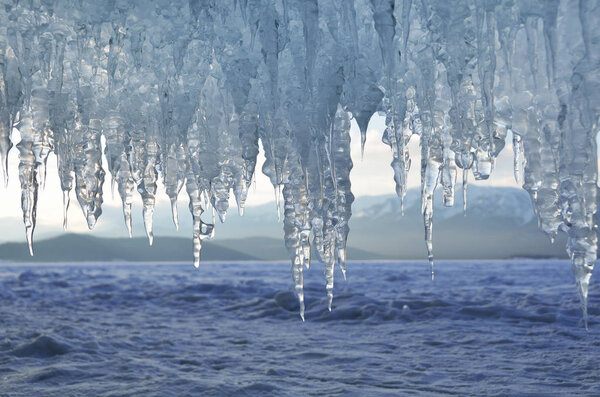 Big icicles on the island of Olkhon, lake Baikal, Cape Khoboy