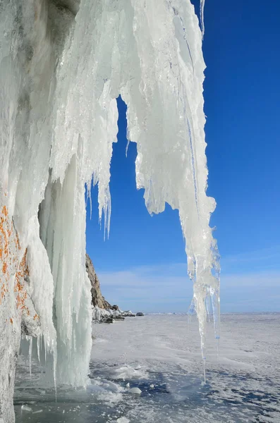 Russland Baikalsee Maloja Meer Eiszapfen Auf Der Insel Olchon Nahe — Stockfoto