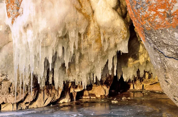 Ice Icicles Grotto Shore Olkhon Island Morning Lake Baikal — Stock Photo, Image