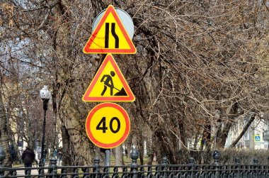 Moscow, Russia, April, 15, 2017. Temporary road signs 