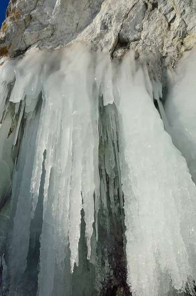 Russia Baikal Lake Maloe Sea Ice Icicles Olkhon Island Uzury — Stock Photo, Image