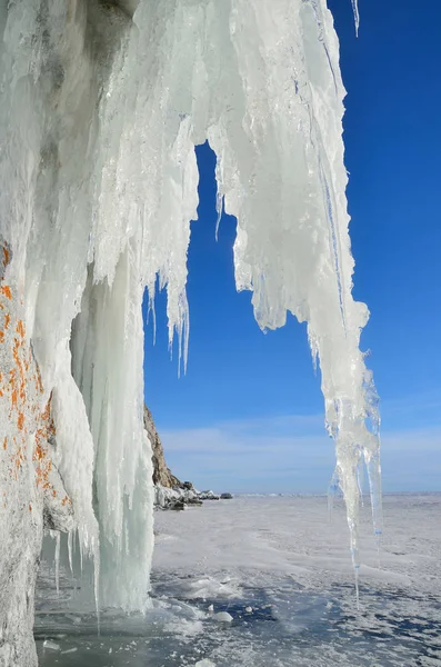 Russland Baikalsee Maloja Meer Eiszapfen Auf Der Insel Olchon Nahe — Stockfoto