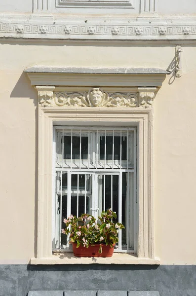 Russia, Moscow, old mansion in Serebryanichesky lane, the house 7. Decorative elements. Flower in a pot on the windowsill