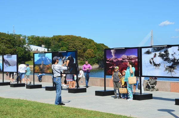Vladivostok, Rusya, Eylül, 10, 2017. Birçok kişi Fefu bölge Vladivostok Russkiy Adası üzerinde tarih boyunca yürüyüş
