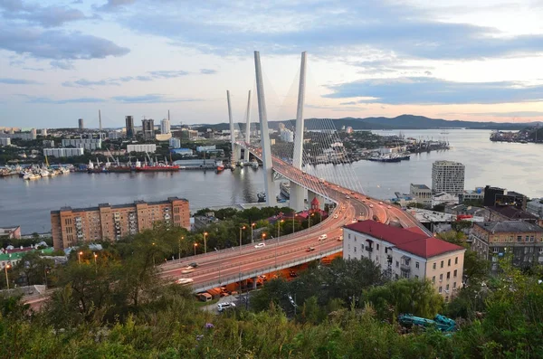 Rússia Ponte Vladivostok Através Chifre Dourado Uma Noite Outono — Fotografia de Stock