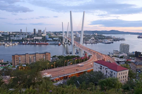 Rusia, Vladivostok puente a través del cuerno de oro en una noche de otoño —  Fotos de Stock