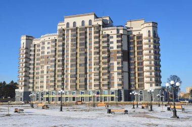 Blagoveshchensk, Rusya, Ekim, 21, 2017. Amur Nehri Blagoveshchensk çıkabilir yeni konut ev
