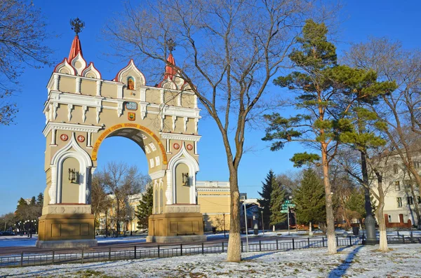 Rosja Blagoveshchensk Łuk Triumfalny Okazji Wizyty Księcia Miasto Mikołaja 1891 — Zdjęcie stockowe