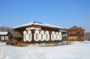 Taltsy, Irkutsk bölgesi, Rusya, Mart, 02, 2017. Tavern Irkutsk mimari etnografik Müzesi 