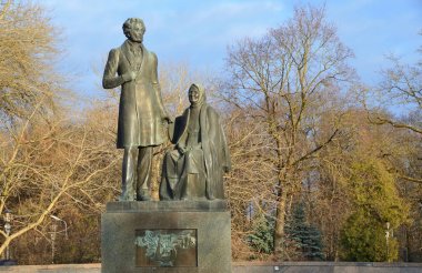 Pskov, Rusya, Aralık, 31, 2017. Şair Alexander Pushkin ve dadısı Arina Rodionovna Anıtı