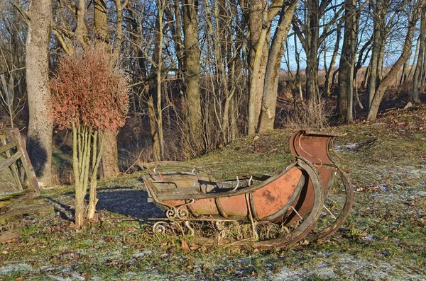 Vintage sleds on the estate of the 18th century of Buntings in Khalakhalnya village in Pskov region, Russia