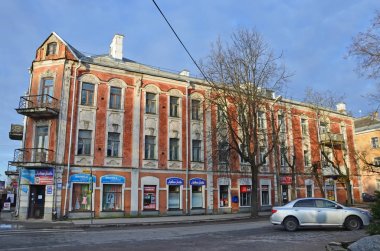 Pskov, Rusya, Aralık, 31, 2017. Daireli ev Vasili Potashev, 1910 adresinde Yapim yili: Pskov, Oktyabrsky Avenue, evin 32