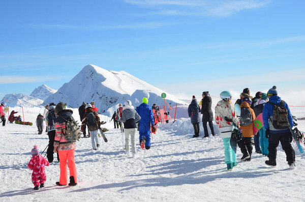 Rosa Khutor, Sochi, Russia, January, 26, 2018. Sochi, Tourists near the peak of the mountain Aibga on Rosa Khutor ski resort