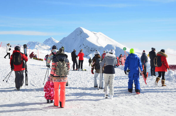 Rosa Khutor, Sochi, Russia, January, 26, 2018. Sochi, Tourists near the peak of the mountain Aibga on Rosa Khutor ski resort