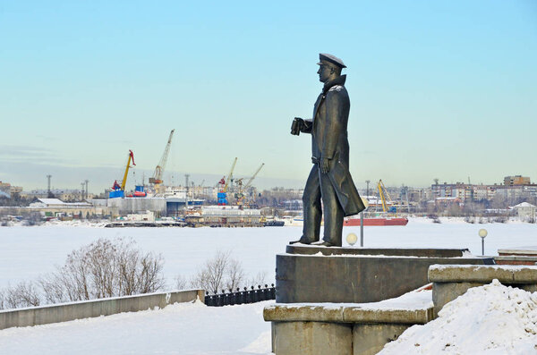 Arkhangelsk, Russia, February, 20, 2018. Monument to Soviet Admiral Nikolai Kuznetsov in Arkhangelsk