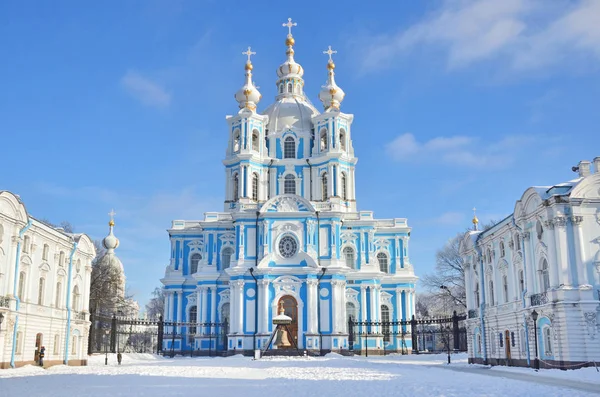 Saint-Petersburg, Rusya. Kış günü Smolny katedral. Kar, kar taneleri gökyüzünde