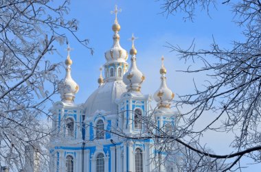 Saint-Petersburg, Rusya. Kış günü Smolny katedral. Kar, kar taneleri gökyüzünde
