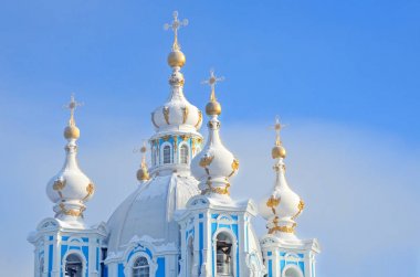 Saint-Petersburg, Rusya. Kış günü Smolny katedral. Kar, kar taneleri gökyüzünde