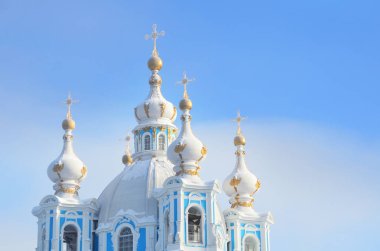 Saint-Petersburg, Rusya. Kış günü Smolny katedral. Kar, kar taneleri gökyüzünde