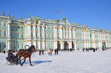 St Petersburg, Rusya, Şubat, 27, 2018. Bir kızak Kış Sarayı, St. Petersburg önünde içinde at