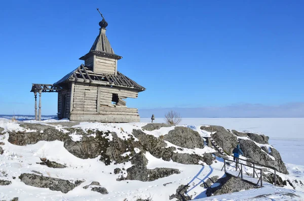 Russia Lake Ladoga Destroyed Mowing Chapel Winter — Stock Photo, Image