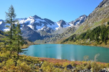 Rusya, Altay, Ust-Koksinsky bölgesi, güneşli havalarda Gölü Poperechnoye (çapraz)