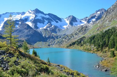 Rusya, Altay, Ust-Koksinsky bölgesi, güneşli havalarda Gölü Poperechnoye (çapraz)