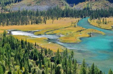 Rusya, Altay bölgesi, Ust-Koksinsky bölgesi, orta Multinskoye Gölü Eylül ayında yüksek noktasından