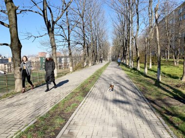 Vladivostok, Rusya, 27 Ekim 2019. Sonbaharda Vladivostok 'ta Sakhalinskaya Caddesi boyunca yürüyen insanlar