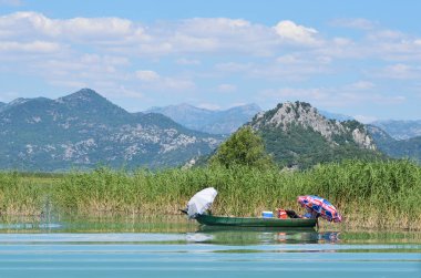 Skadar Gölü, Karadağ, 22 Haziran 2015, Karadağ 'daki Skadar (Scutari) gölünde şemsiye altında dinlenen adam