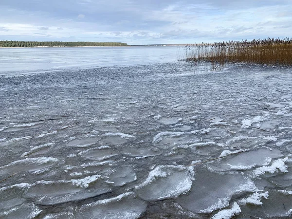 Dunne Ijs Het Seliger Meer Warme Winter Rusland Tver Regio — Stockfoto