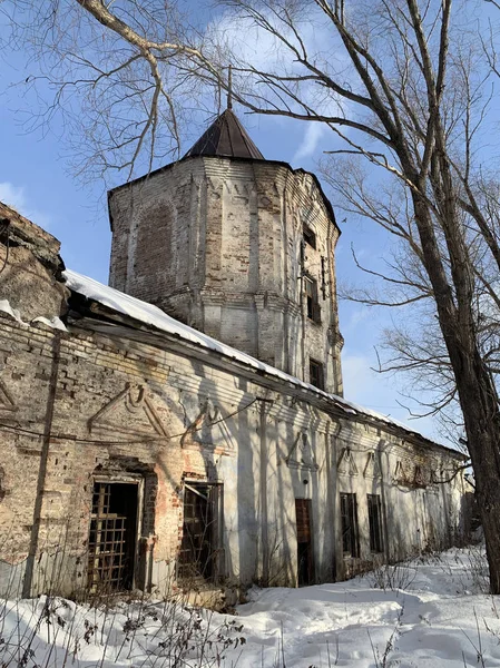 Tower and fragment of the right wing in the Demidov estate in Kyshtym, 18 century. Russia, Chelyabinsk region