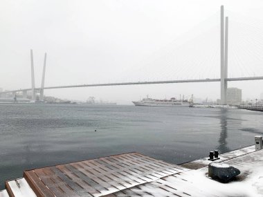 Rusya, Vladivostok. Tsesarevich setinin kenarından gelen kasırga sırasında şiddetli bir kar yağışı sırasında Golden Horn Körfezi üzerinde kalan altın köprü.