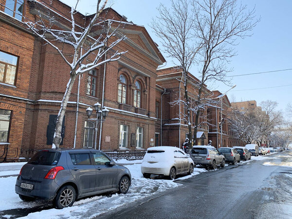 Snow covered cars are parked on Pushkinskaya street next to the building of the far Eastern state technical University