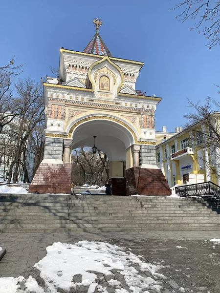 Triumfální Nicholasův Oblouk Tsareviče Vladivostok Zima — Stock fotografie