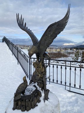 Zlatoust, Chelyabinsk bölgesi, Rusya, 19 Ocak 2020. Kartal, kışın Red Hill 'deki Bazhov' un adını alan dağ parkındaki bir civcive balık getirmiş. Zlatoust şehri.