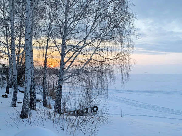Восход Солнца Над Озером Увильды Зимой Южный Урал Челябинская Область — стоковое фото