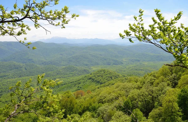 Adygea Berglandschap Het Voorjaar Achtergrond Van Belangrijkste Kaukasische Bergkam — Stockfoto