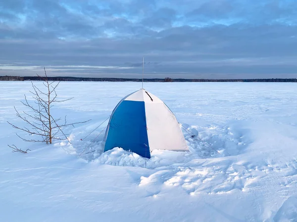 Fisherman\'s tent on lake Uvildy in winter, Russia, Chelyabinsk region