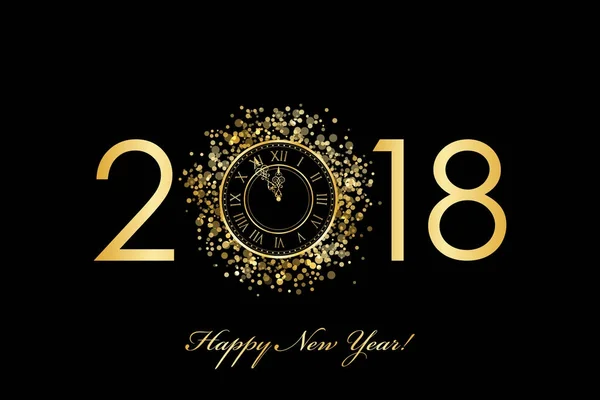 Vector 2018 Happy New Year achtergrond met gouden klok op zwart — Stockvector